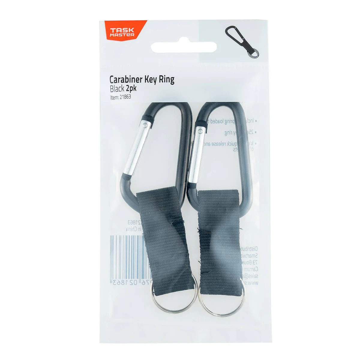 Taskmaster Black Carabiner Key Ring 2 Pack - 25mm - Black - Lightweight Design - Image 2
