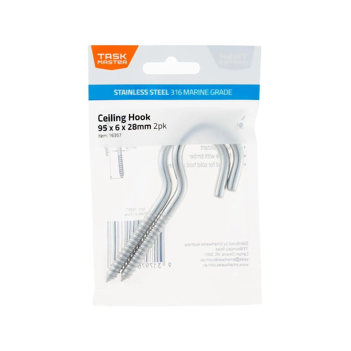 Taskmaster Ceiling Hook 2 Pack - 95 x 6 x 28mm - 316 Stainless Steel - Chrome