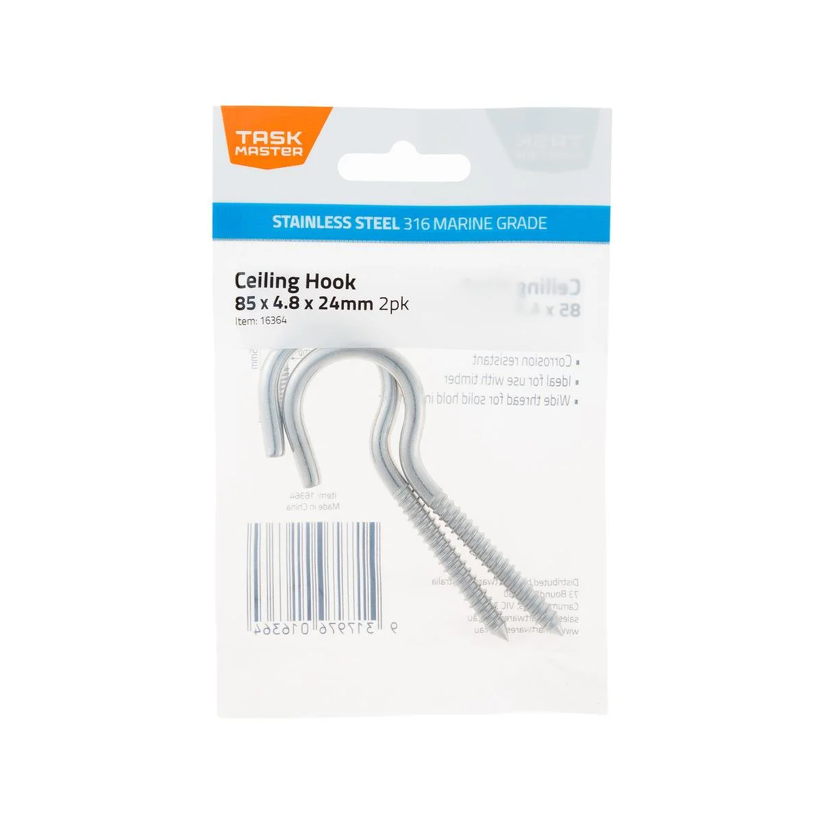 Taskmaster Ceiling Hook 85 x 4.8 x 24mm 316 Stainless Steel - 2 Pack - Corrosion Resistant