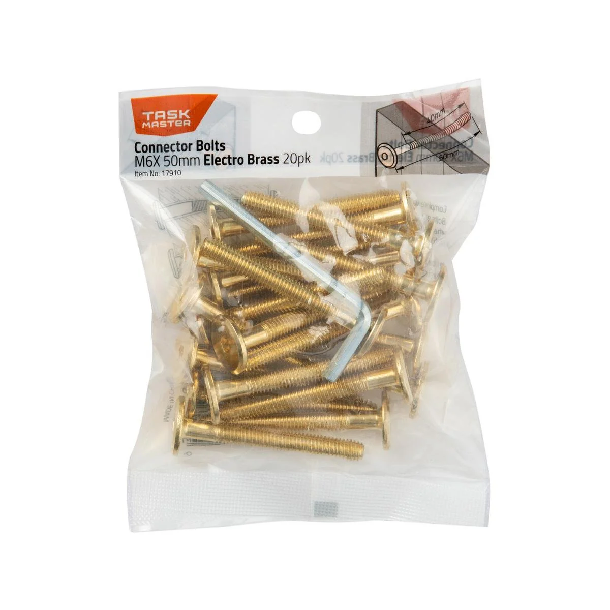 Taskmaster Electro Brass Connector Bolts - M6 x 50mm - 20 Pack - Durable Assembly