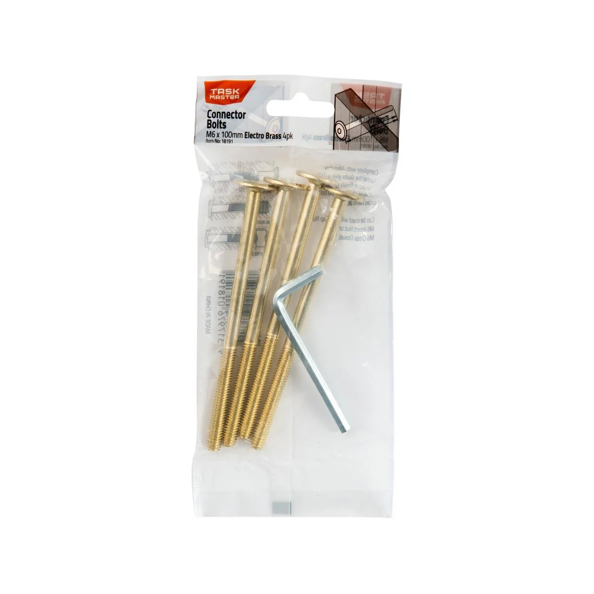 Taskmaster M6 Connector Bolts - 100mm - Electro Brass - 4 Pack