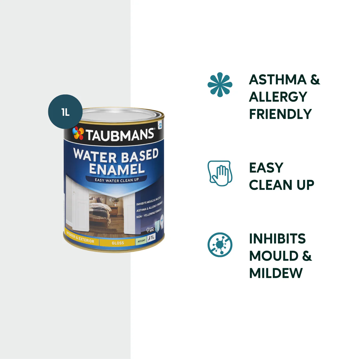 Taubmans 1L Accent Gloss Water Based Enamel Paint - Low VOC - Non-Yellowing - Image 2