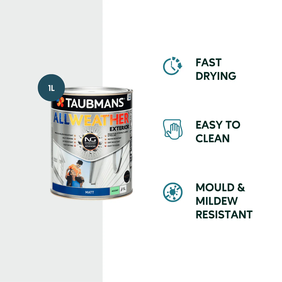 Taubmans 1L Accent Matt All Weather Exterior Paint - 1L - Untinted - Image 2