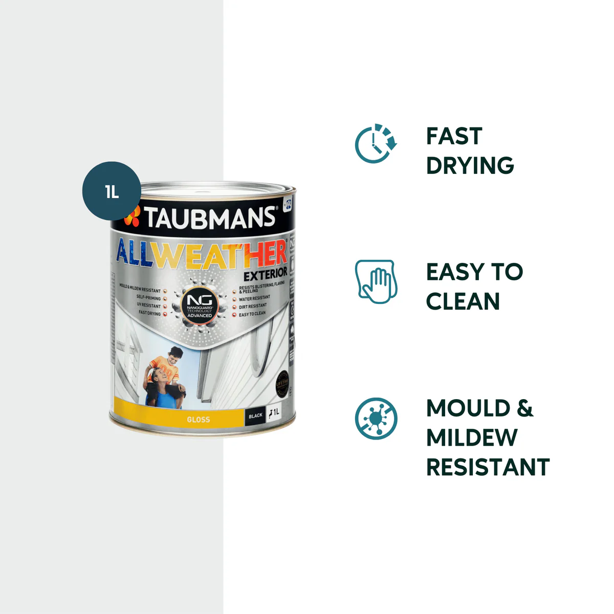 Taubmans 1L Black Gloss All Weather Exterior Paint - Mould Resistant - Fast Drying - Image 2