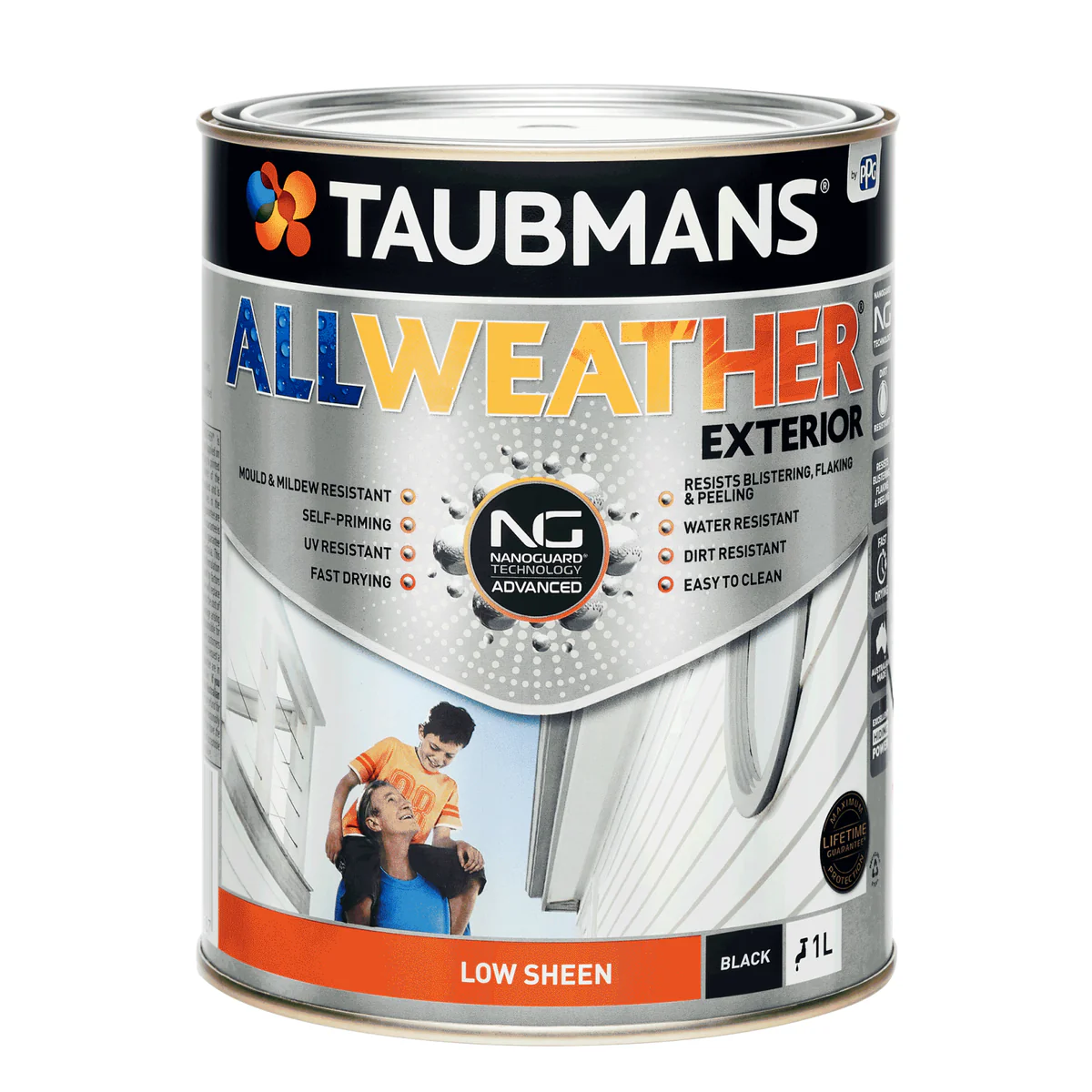 Taubmans 1L Black Low Sheen All Weather Exterior Paint - Water-Based, UV Resistant
