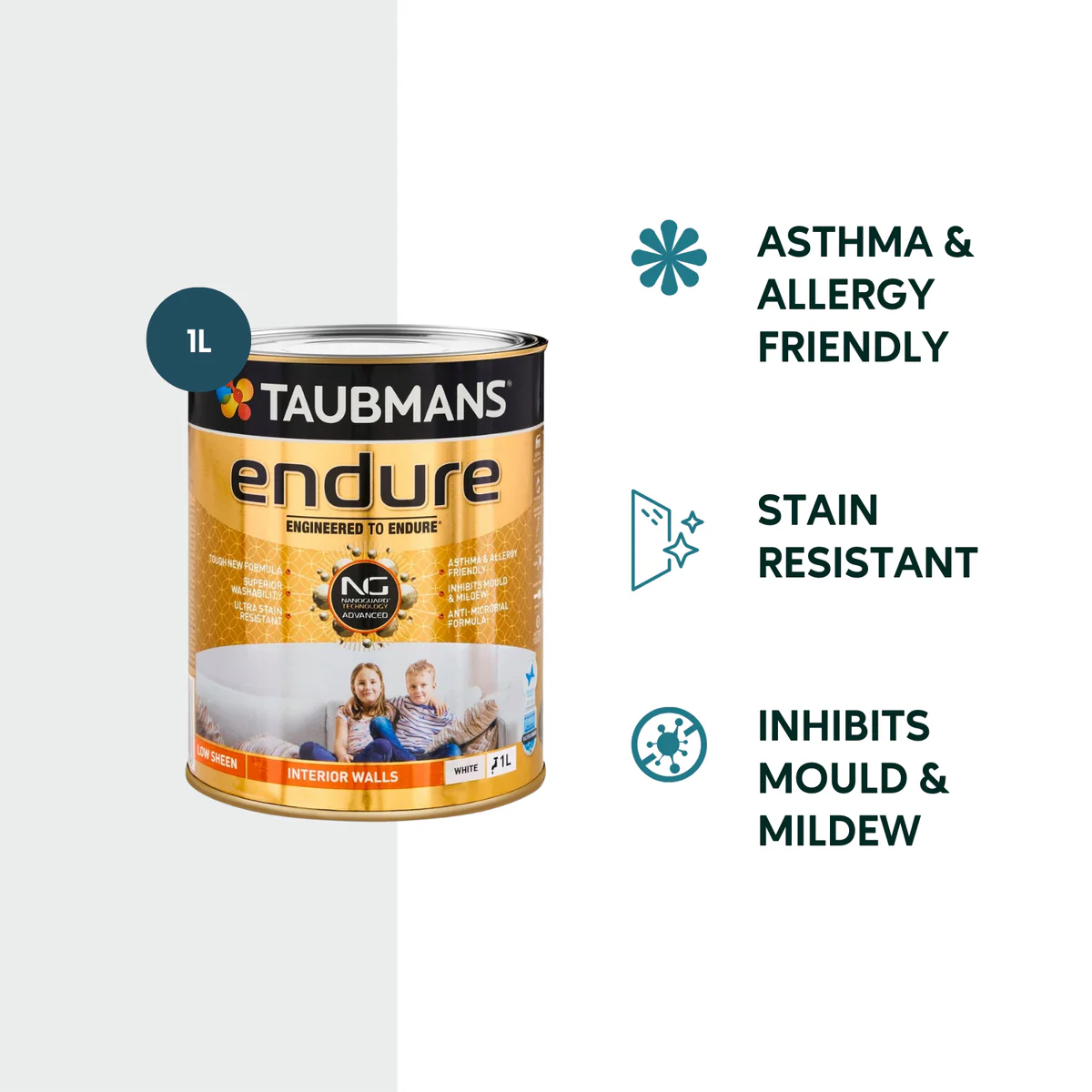 Taubmans 1L Low Sheen Endure Interior Walls Paint - White - Stain Resistant - Image 2