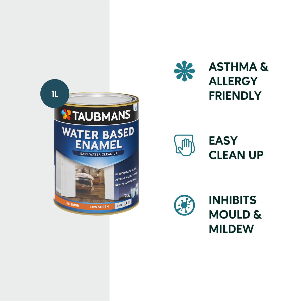 Taubmans 1L White Low Sheen Water Based Enamel Paint - Durable Finish - Asthma Friendly - Image 2