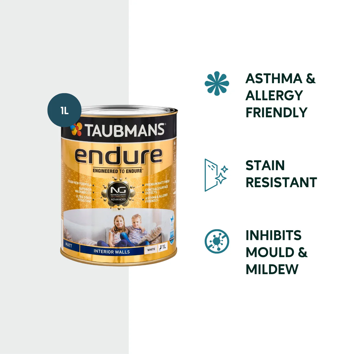 Taubmans 1L White Matt Endure Interior Walls Paint - Water Based - Stain Resistant - Quick Dry - Image 2