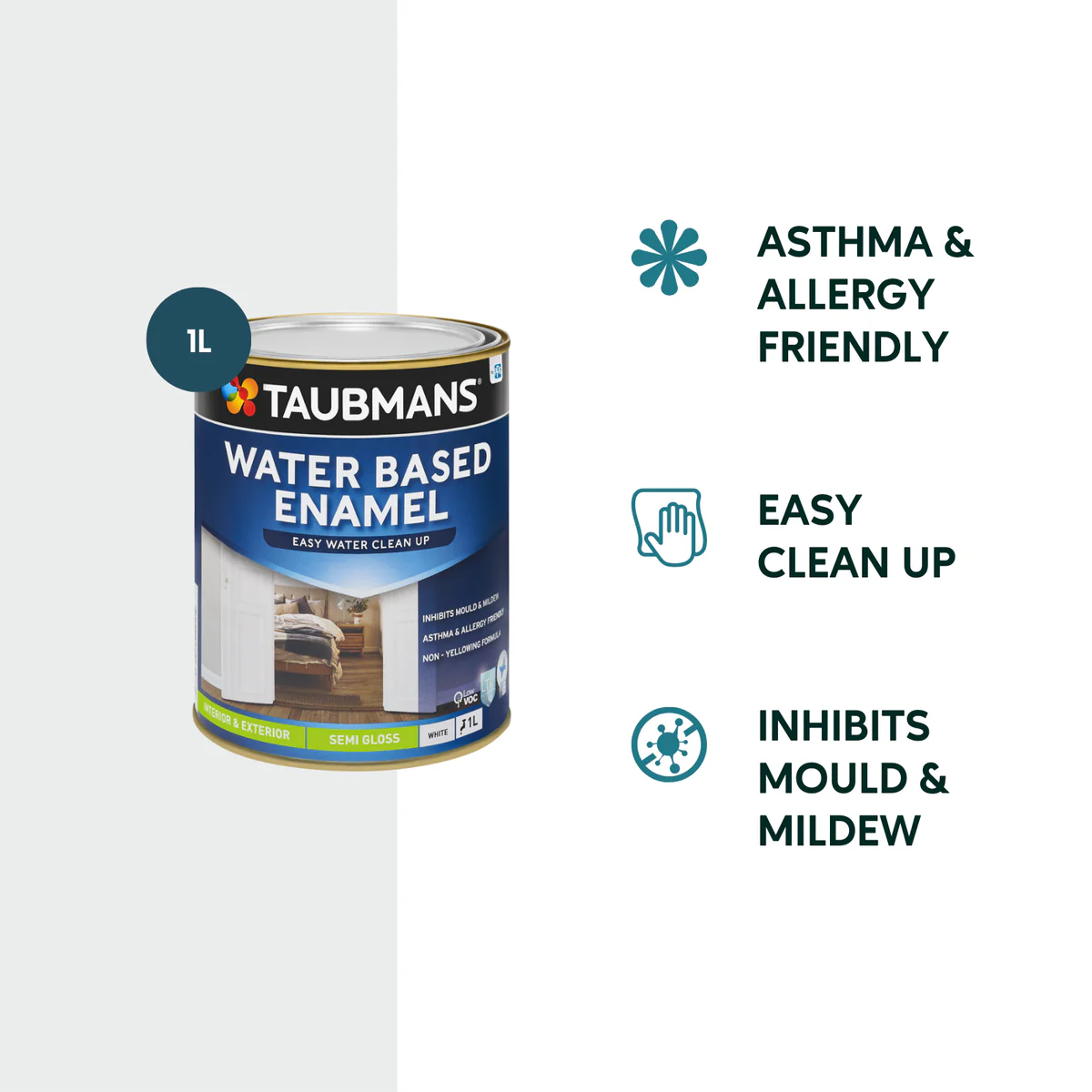 Taubmans 1L White Semi Gloss Water Based Enamel Paint - Easy Clean-Up - Mould Resistant - Image 2