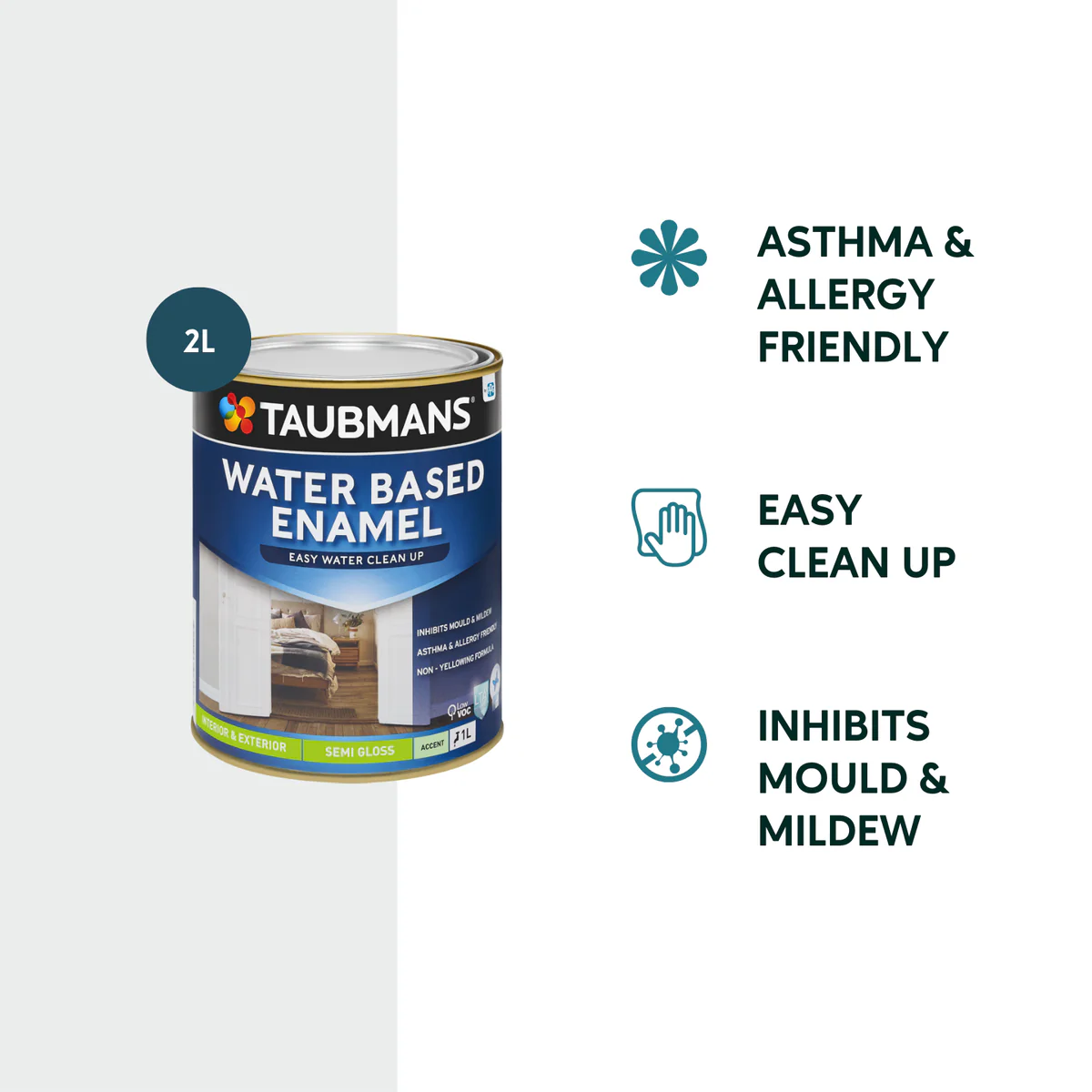 Taubmans 2L Accent Semi Gloss Water Based Enamel Paint - 2L - Non-Yellowing Finish - Image 2