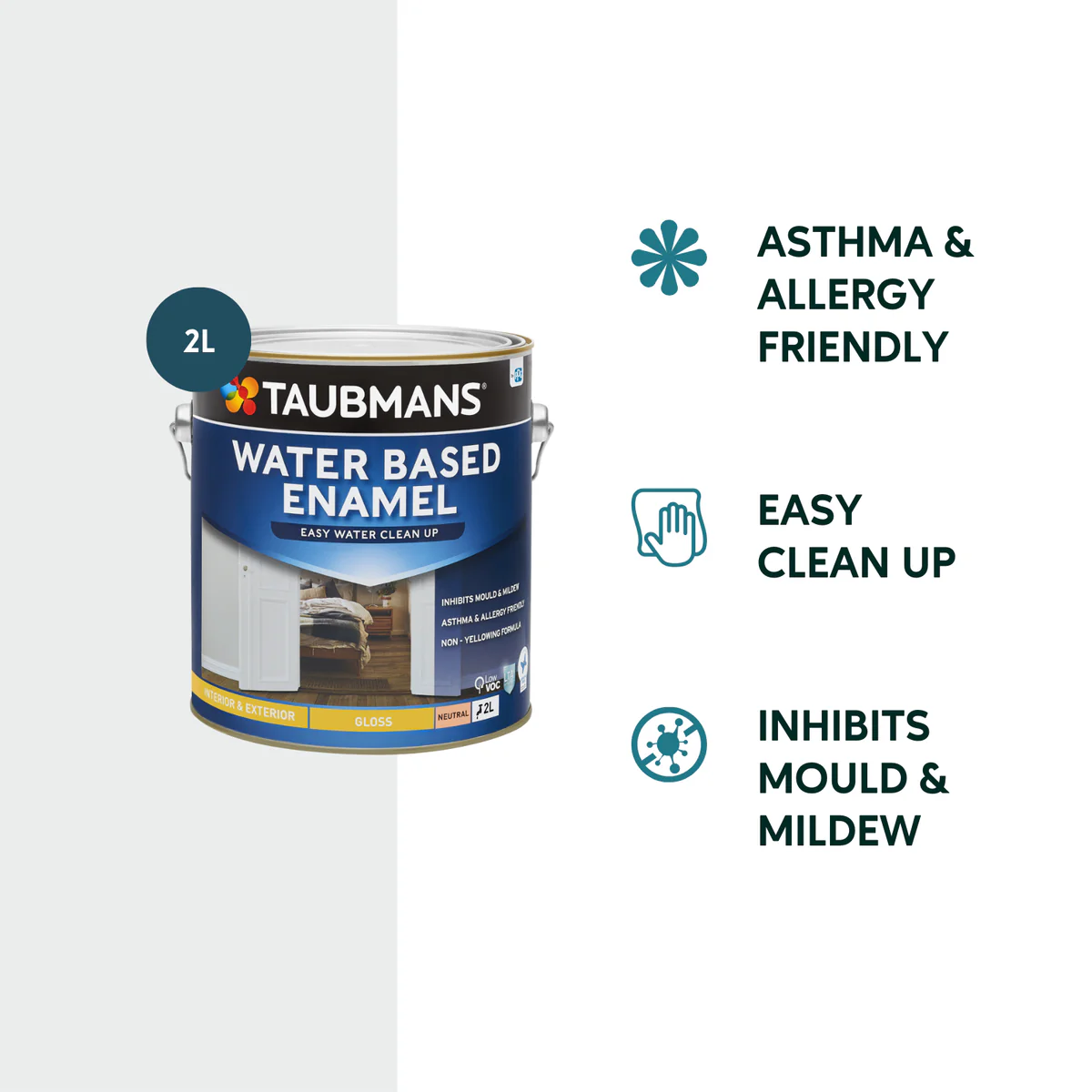 Taubmans 2L Neutral Gloss Water Based Enamel Paint - 2L - Grease Resistant, Low VOC - Image 2
