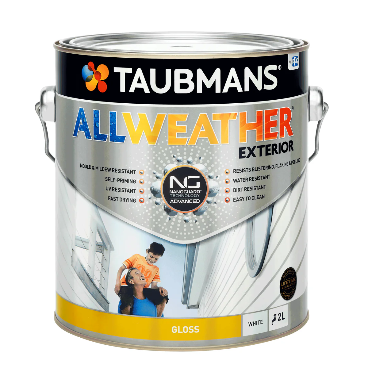 Taubmans 2L White Gloss All Weather Exterior Paint - Water Based - Mould Resistant
