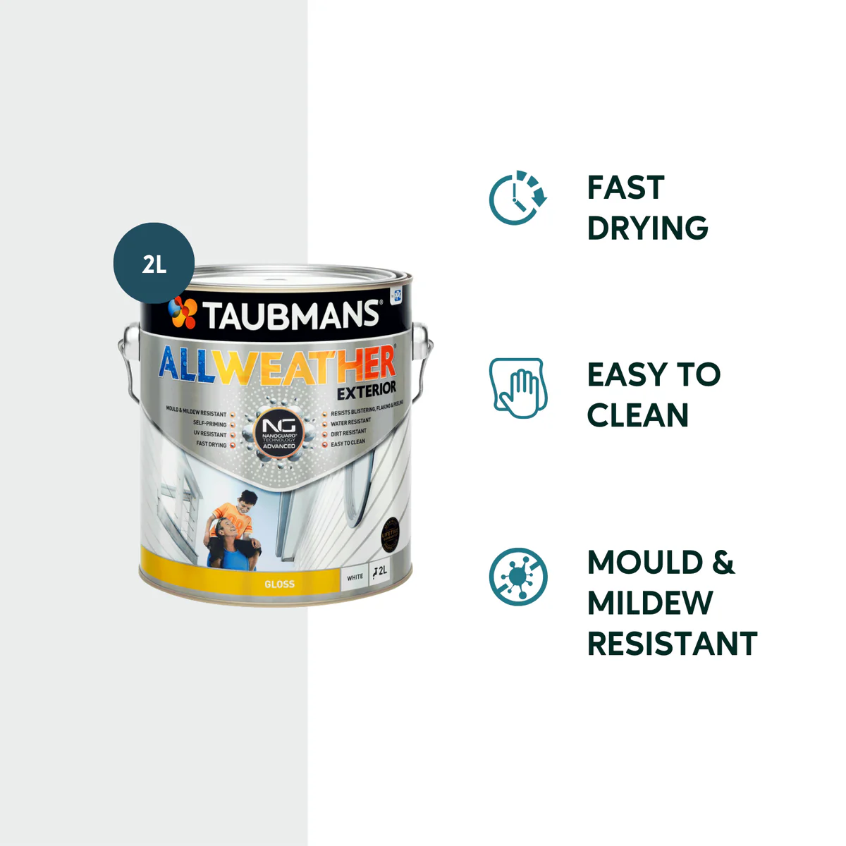 Taubmans 2L White Gloss All Weather Exterior Paint - Water Based - Mould Resistant - Image 2