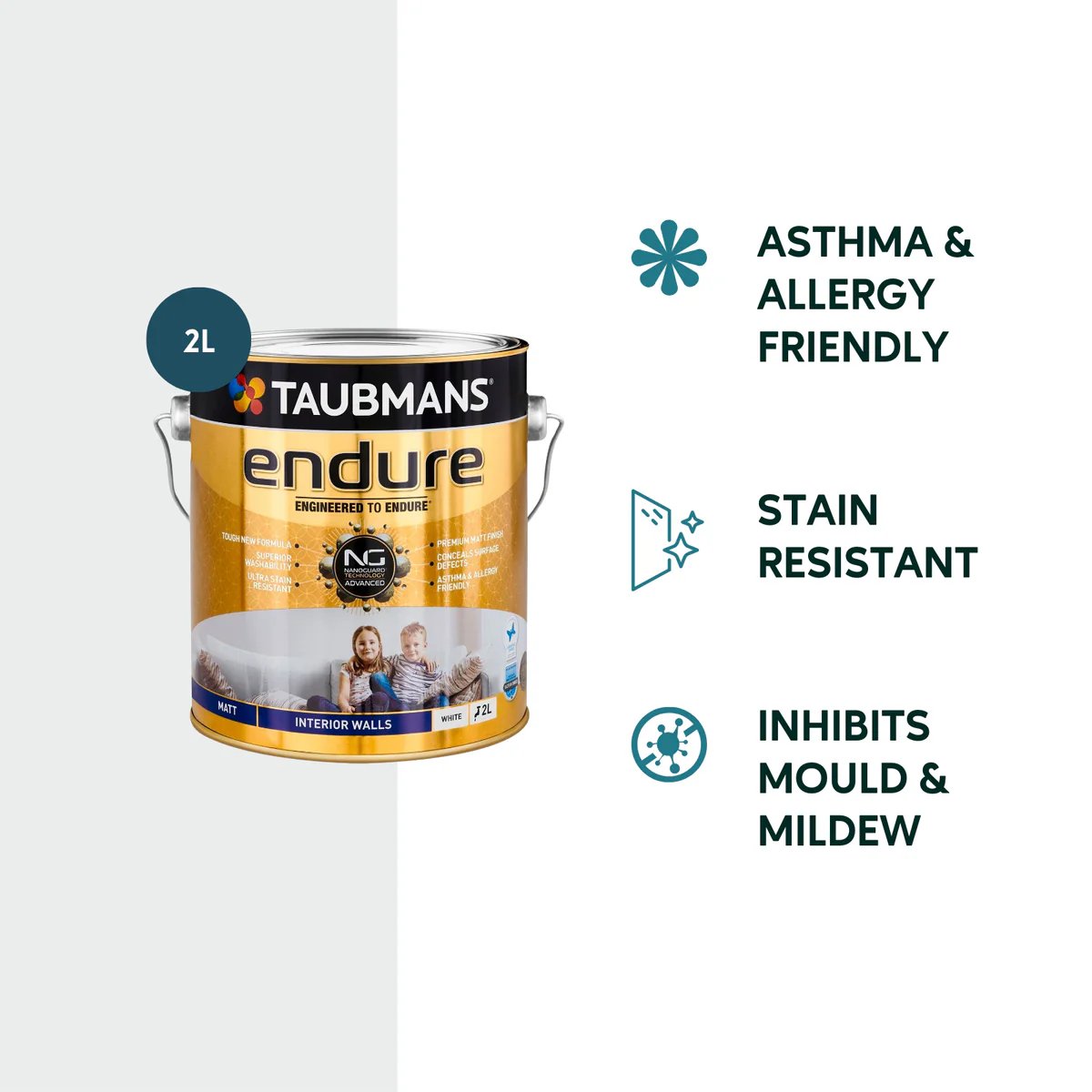 Taubmans 2L White Matt Endure Interior Walls Paint - 2L - Water Based - Stain Resistant - Image 2