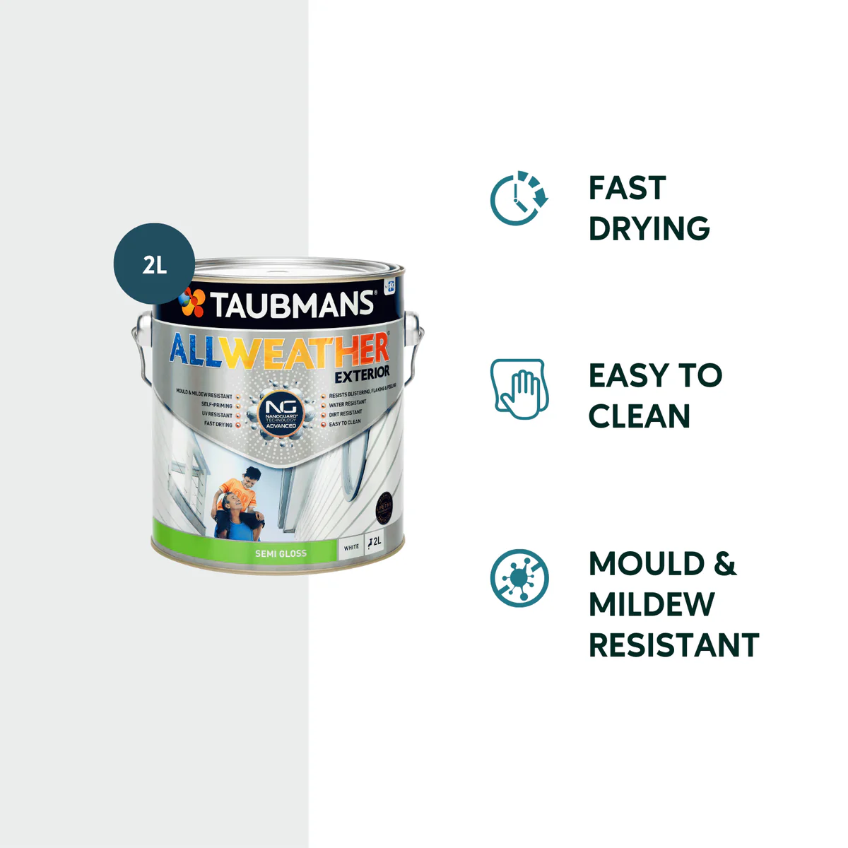 Taubmans 2L White Semi Gloss All Weather Exterior Paint - Mould Resistant - UV Protection - Image 2