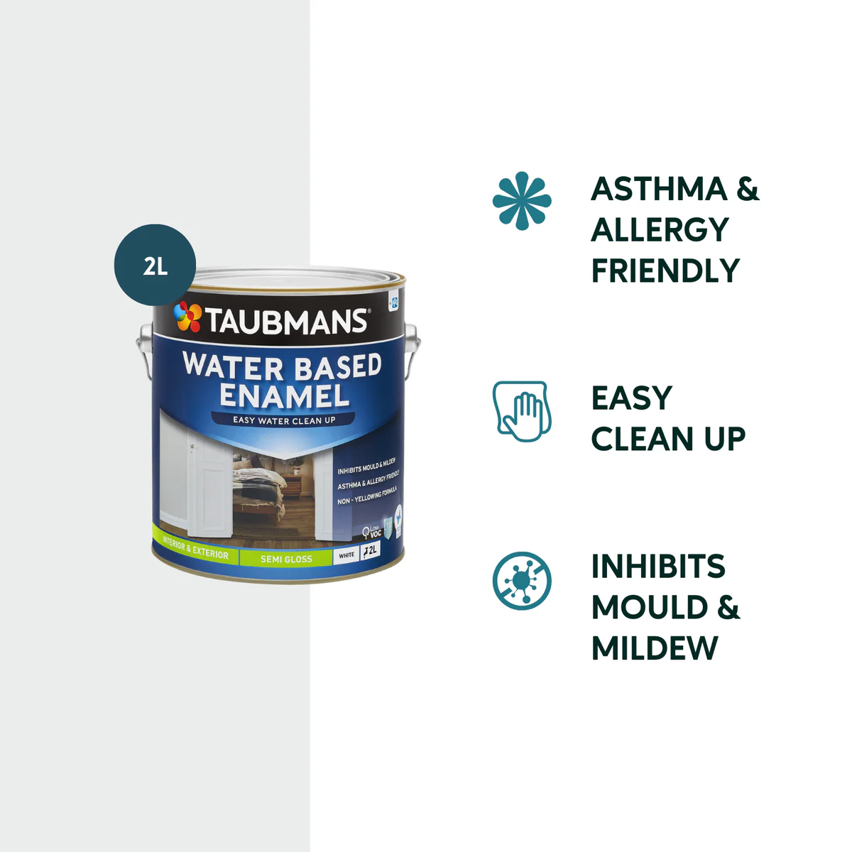 Taubmans 2L White Semi Gloss Water Based Enamel Paint - Durable Finish - Easy Clean-Up - Image 2