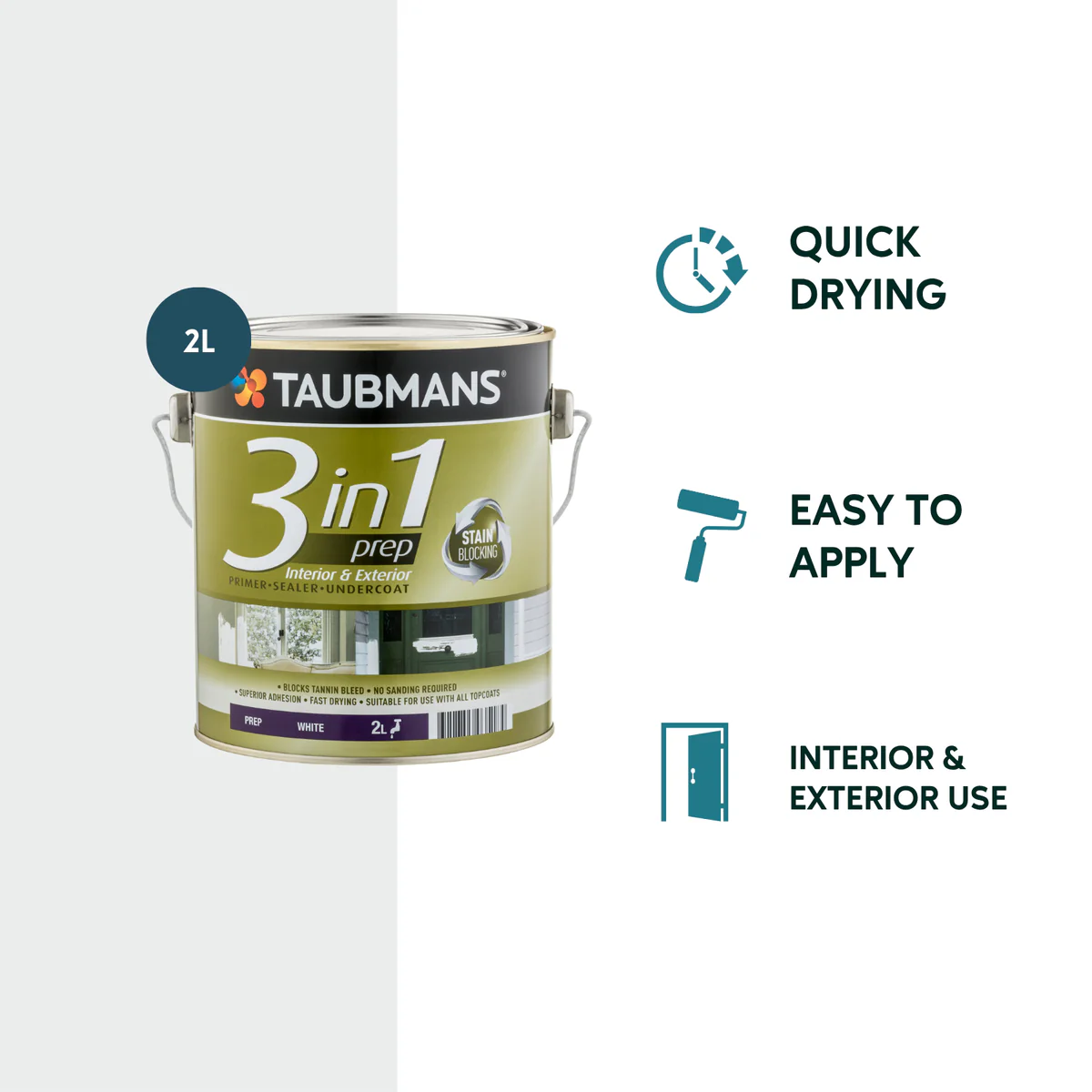 Taubmans 3 in 1 Primer Undercoat Sealer Paint - 2L - White - Fast Drying - Image 2