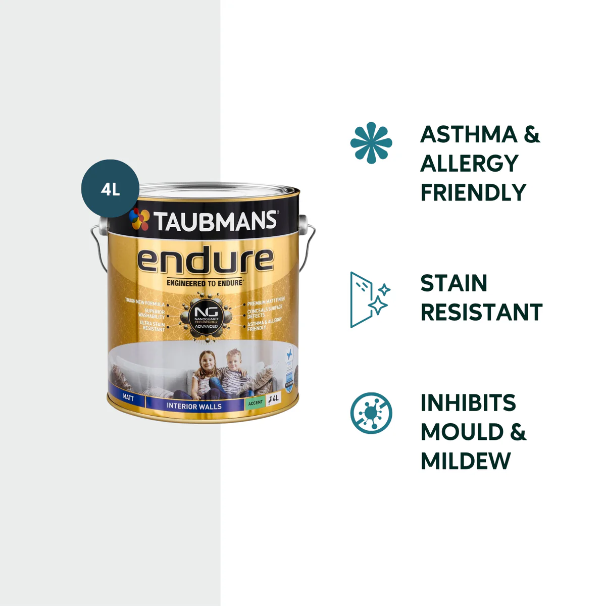 Taubmans 4L Accent Matt Endure Interior Walls Paint - 4L - Stain Resistant, Low Odour - Image 2