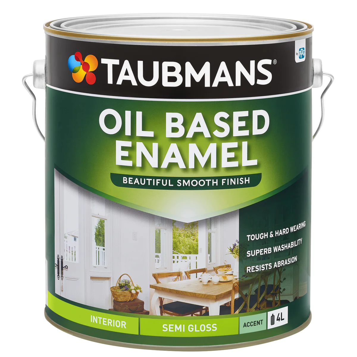 Taubmans 4L Accent Semi Gloss Oil Based Enamel - White - Durable Finish - 4.933kg