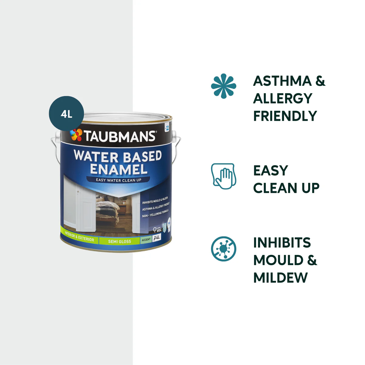 Taubmans 4L Accent Semi Gloss Water Based Enamel Paint - 4L - Durable Finish - Low VOC - Image 2