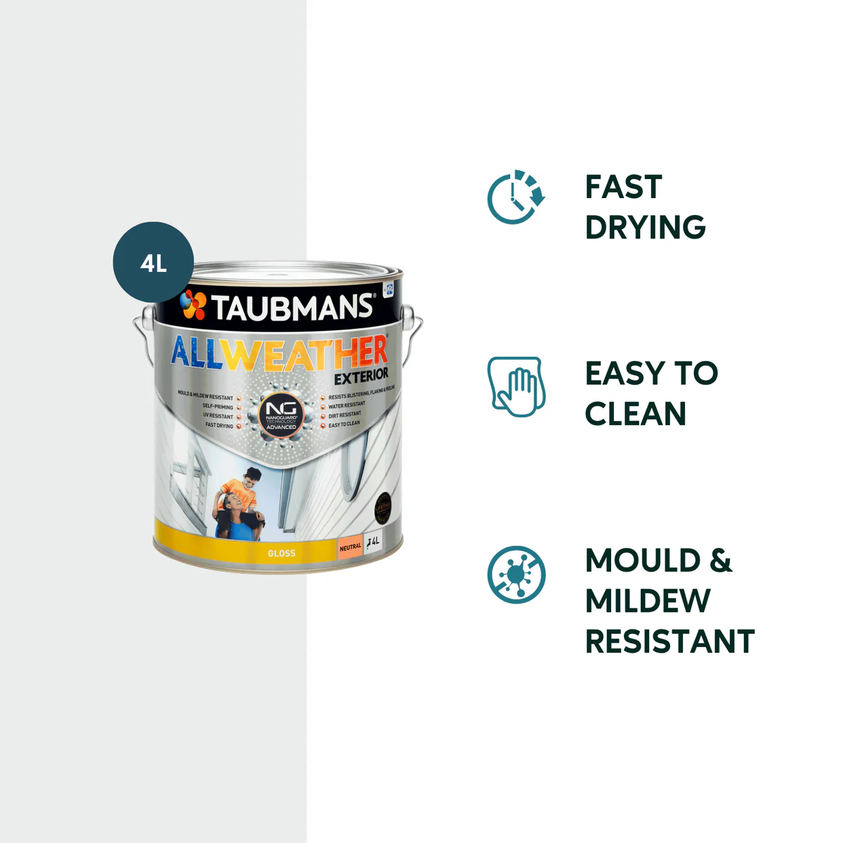 Taubmans 4L Neutral Gloss All Weather Exterior Paint - Mould Resistant - Fast Drying - Image 2