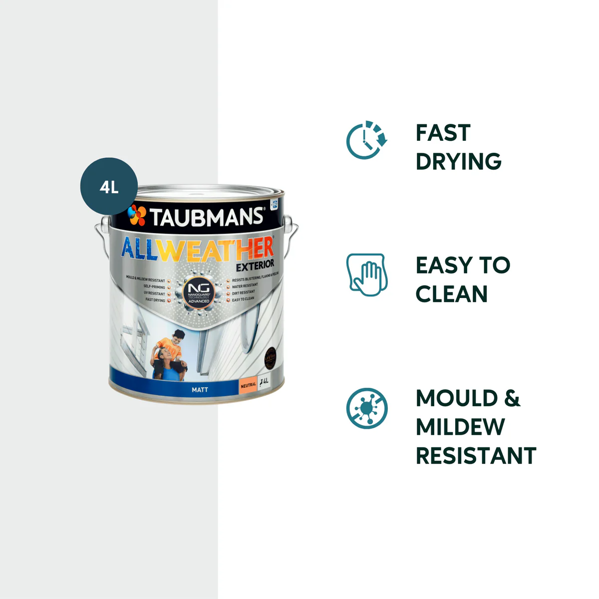 Taubmans 4L Neutral Matt All Weather Exterior Paint - Water Based - Mould Resistant - Image 2