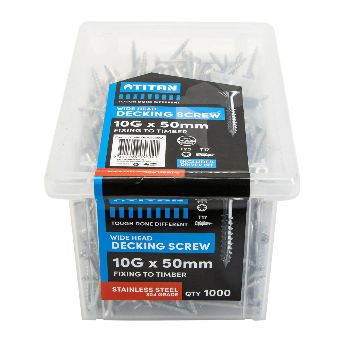 Titan 10g x 50mm Wide Head Decking Screw 304 Stainless Steel Pack of 1000 - Durable - Flush Finish
