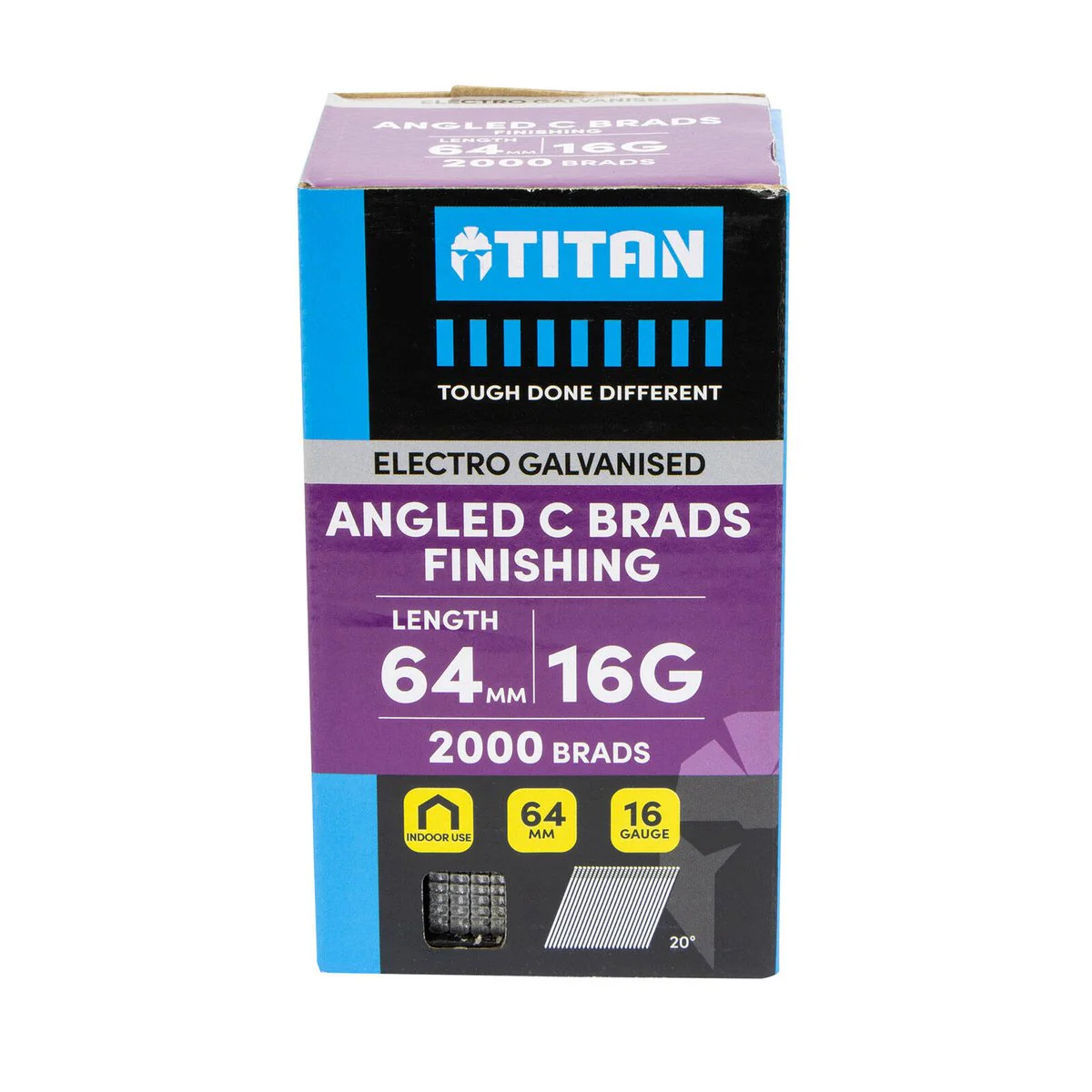 Titan 64mm 16 Gauge Electro Galvanised 20° Angled Collated Nail Brads Pack 2000 - Chisel Point Design - Corrosion Resistant