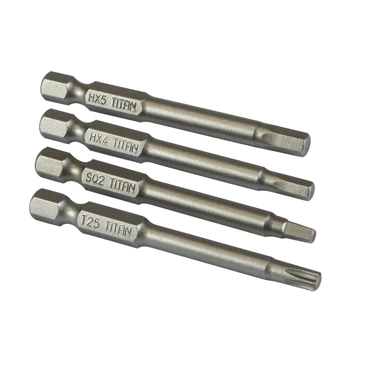 Titan 65mm Assortment Driver Bit 4 Pack - Carbon Steel - SQ2 TX25 HEX4 HEX5