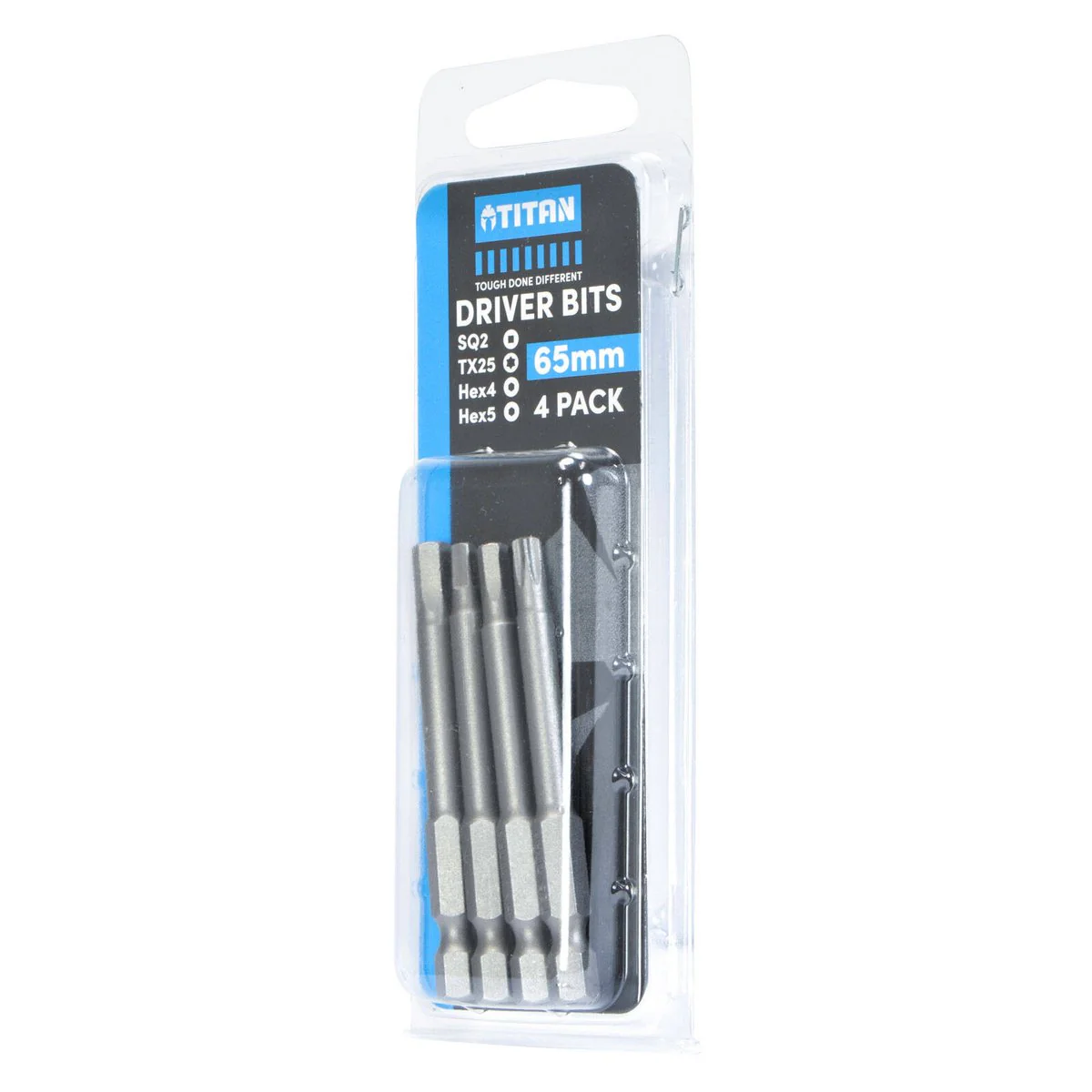 Titan 65mm Assortment Driver Bit 4 Pack - Carbon Steel - SQ2 TX25 HEX4 HEX5 - Image 2