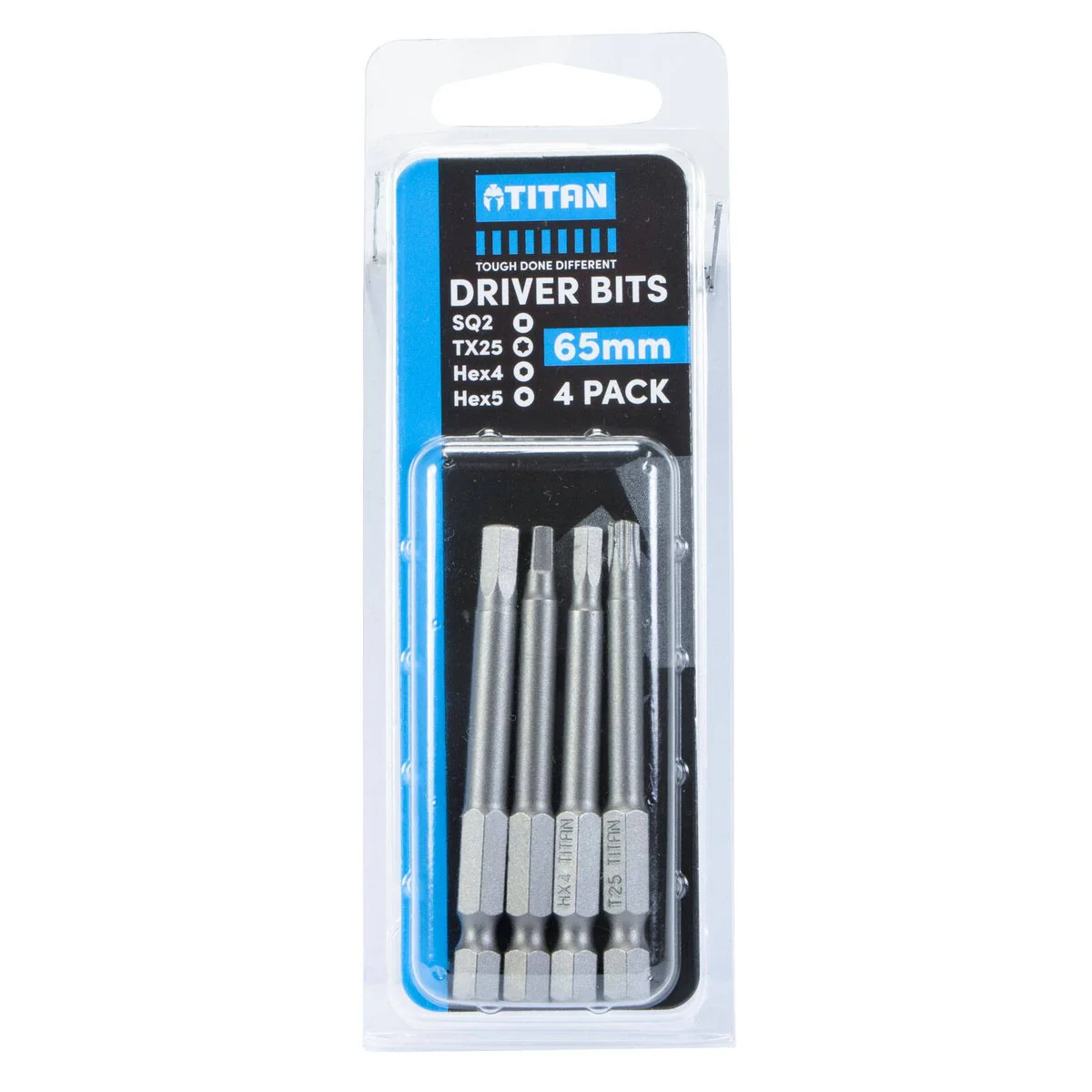 Titan 65mm Assortment Driver Bit 4 Pack - Carbon Steel - SQ2 TX25 HEX4 HEX5 - Image 3