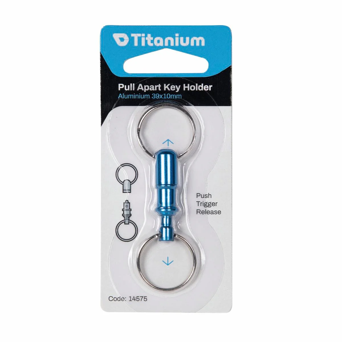 Titanium Aluminium Trigger Release Key Holder - 2 Steel Key Rings - 10mm x 39mm x 39mm