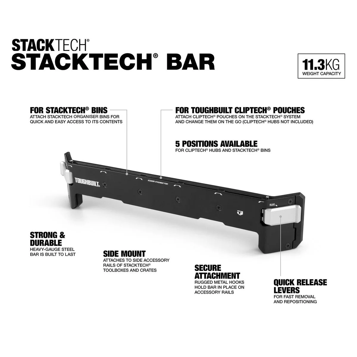 ToughBuilt Stacktech Bar - Tool Organiser - Heavy-Gauge Steel - 60mm x 80mm x 405mm - Image 5
