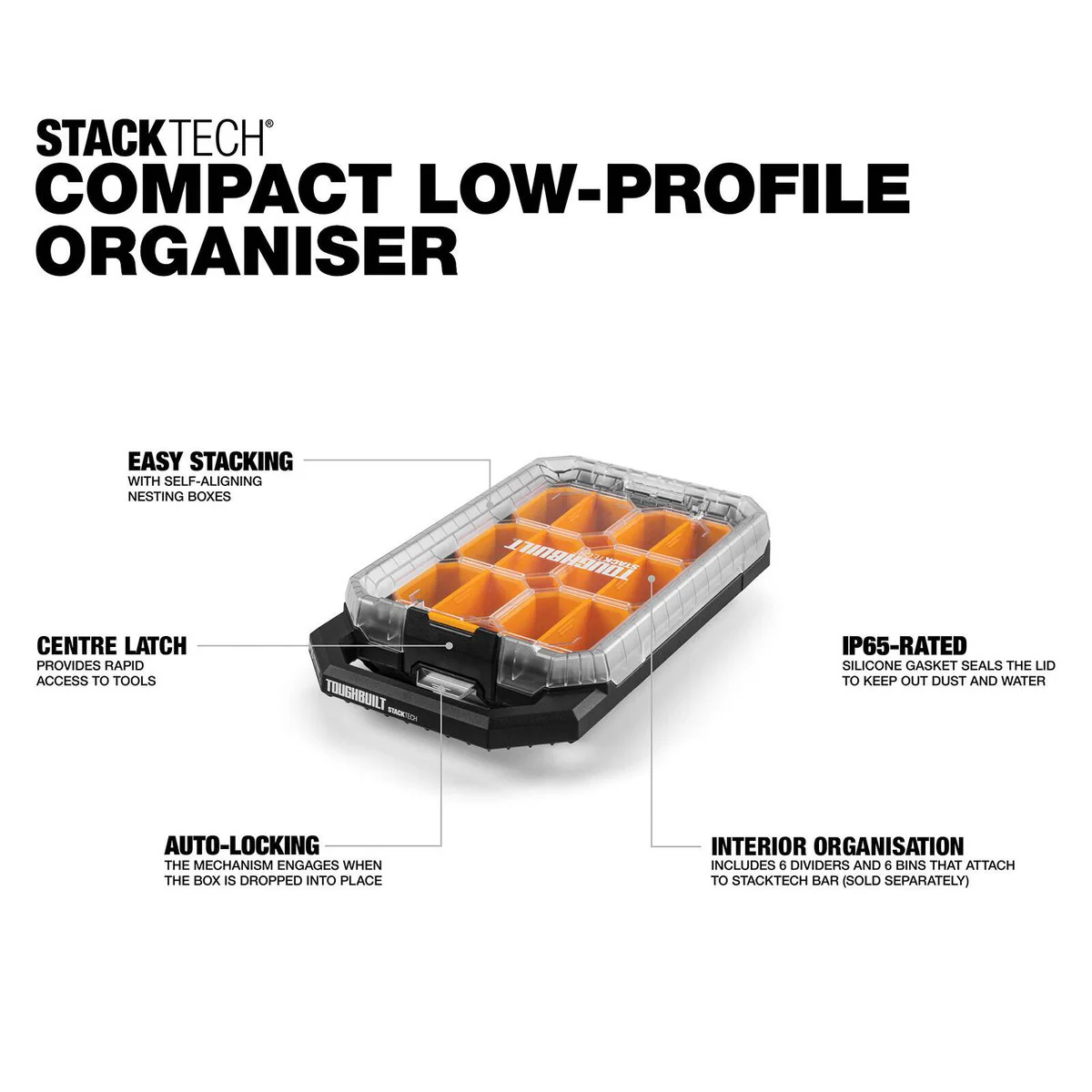 Toughbuilt Stacktech Compact Low Profile Organiser - 6 Bins - IP65 Rated - 470mm x 90mm x 260mm - Image 5