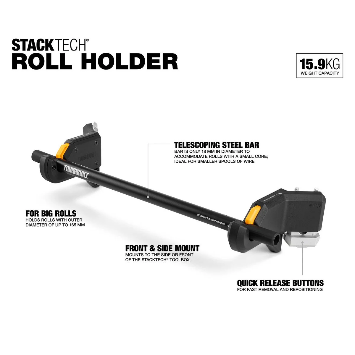 Toughbuilt Stacktech Roll Holder - 1 Pack - 145mm x 80mm x 540mm - Versatile Attachment - Image 5