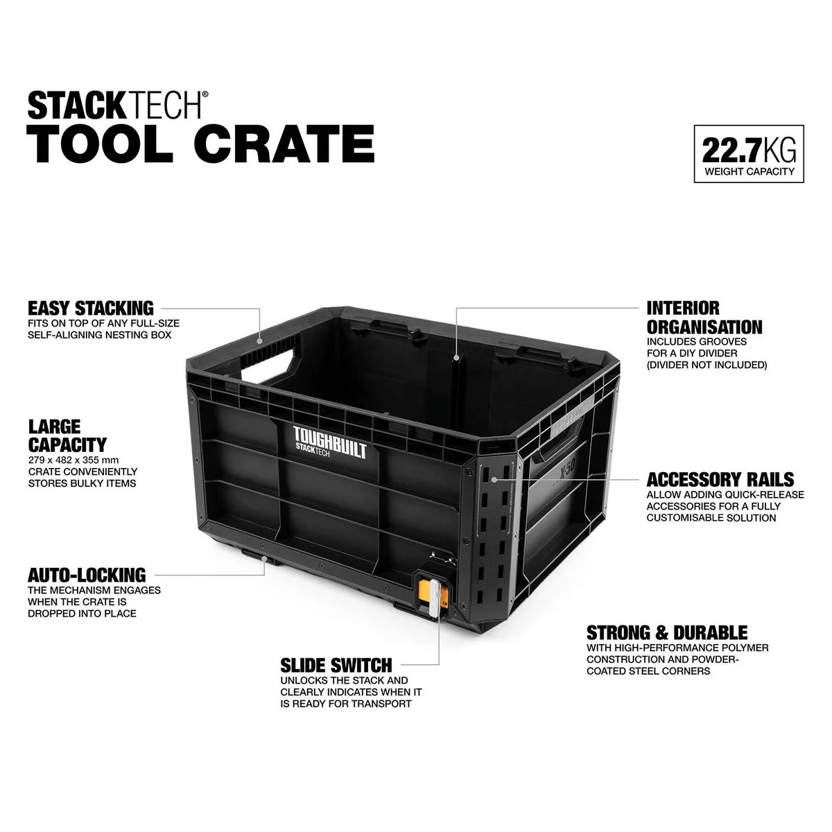 Toughbuilt Stacktech Tool Crate - 482mm x 355mm x 280mm - Durable Storage Solution - Image 5