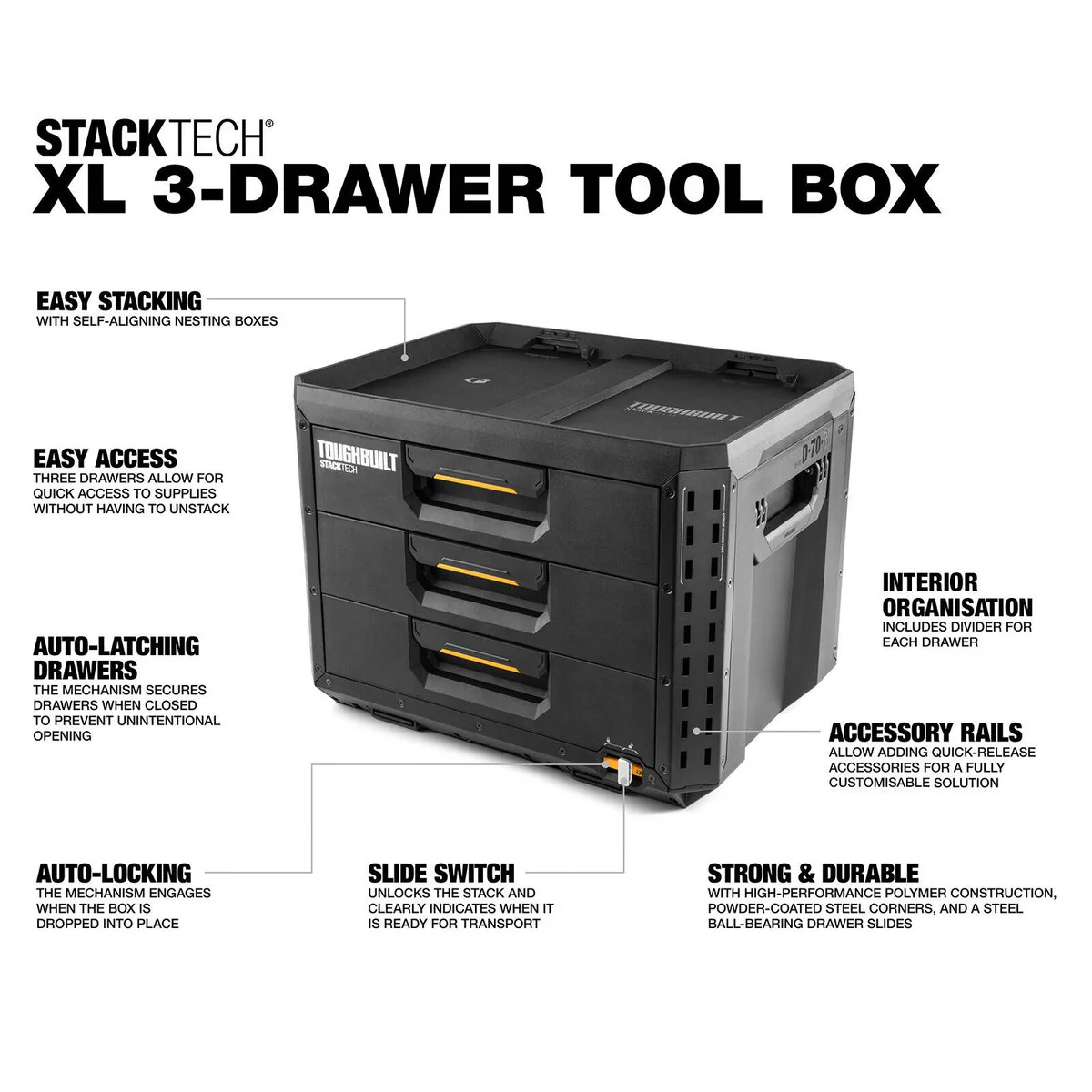 Toughbuilt Stacktech XL 3 Drawer Tool Box - 410mm x 390mm x 530mm - Durable Storage Solution - Image 5