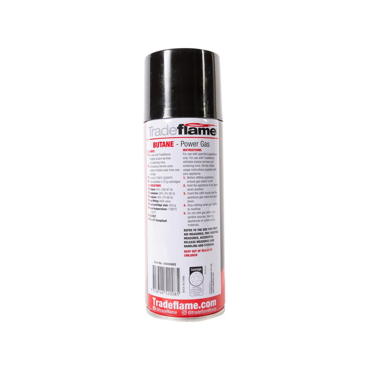 Tradeflame 200g Butane Gas Cartridge Refill Valve - Self-Sealing Valve - EN 417 Certified - Image 2