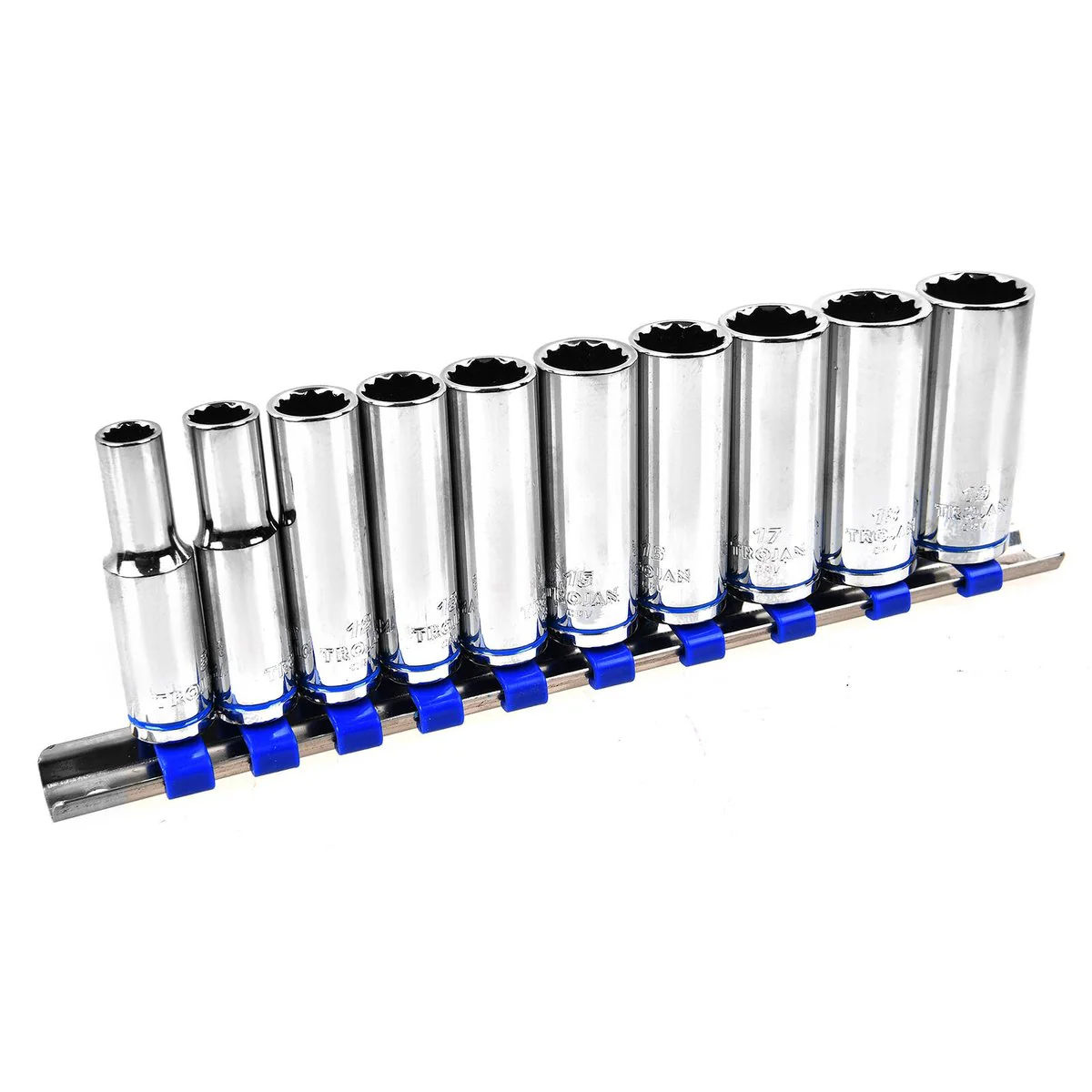 Trojan 10 Piece Deep Socket Set - 3/8" Drive - Chrome Vanadium - 8mm to 19mm