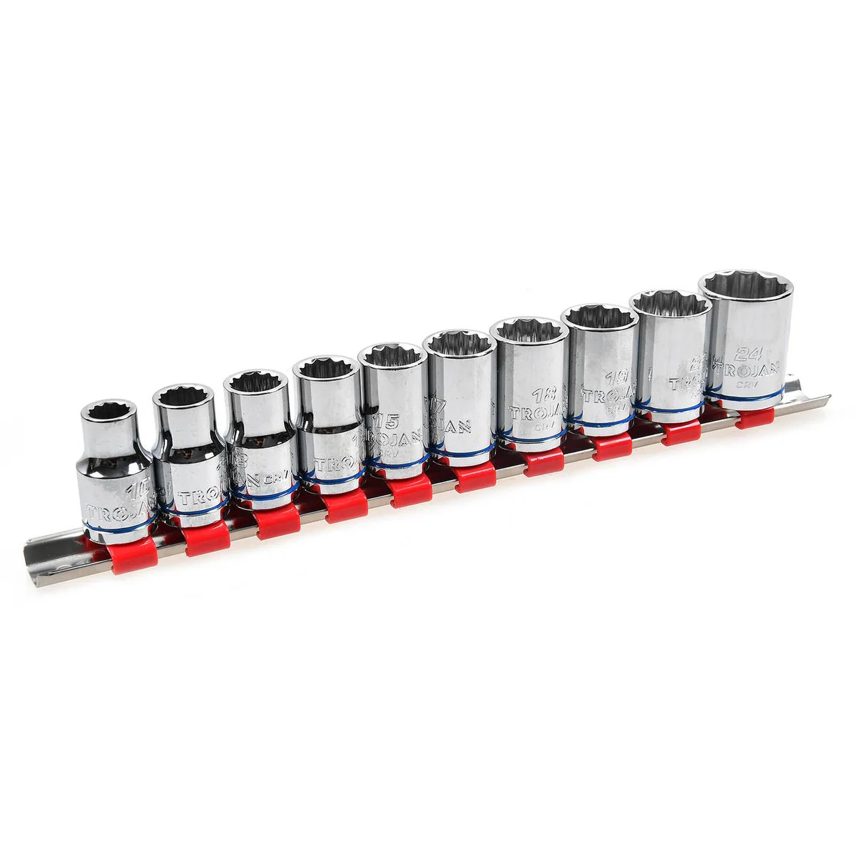 Trojan 10 Piece Socket Rail Set 1/2" - Metric Chrome Vanadium Sockets - Lifetime Warranty