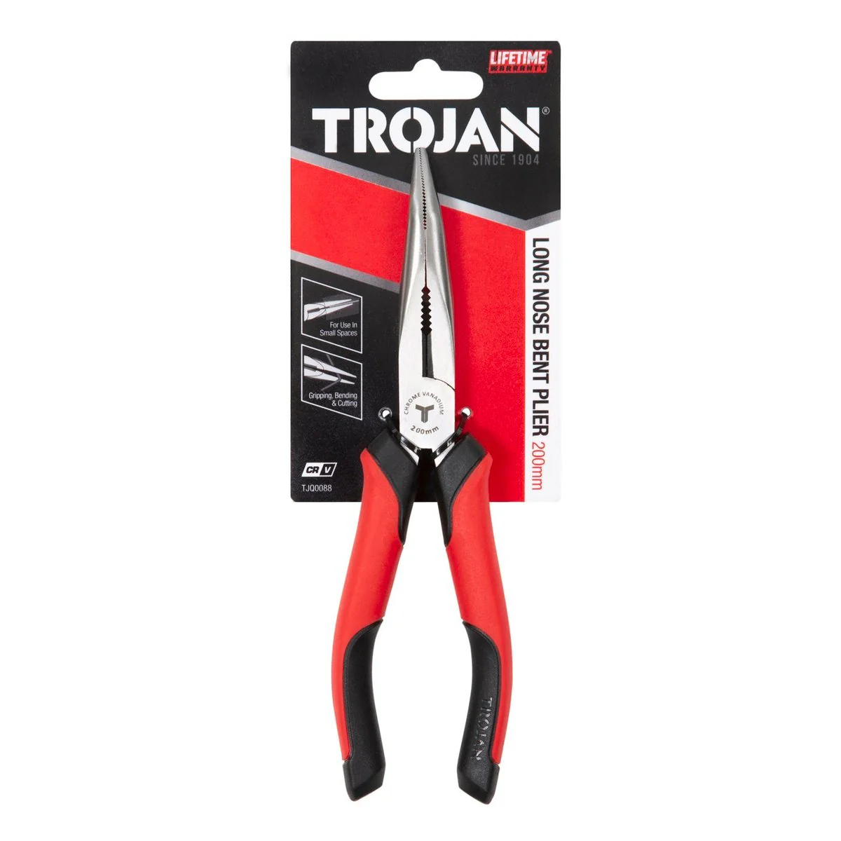 Trojan 200mm Long Nose Bent Plier - Red and Black - Ergonomic Handles