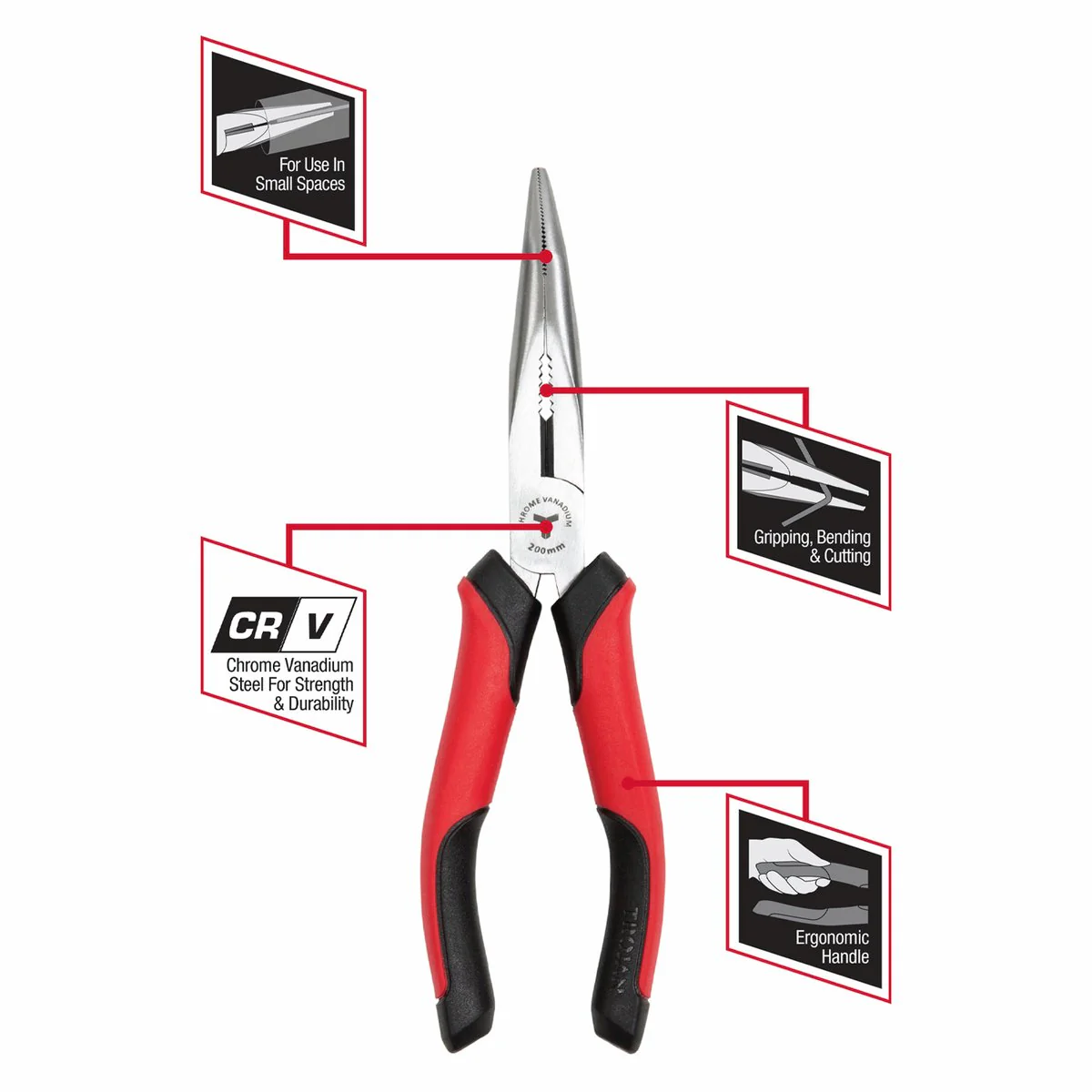 Trojan 200mm Long Nose Bent Plier - Red and Black - Ergonomic Handles - Image 3