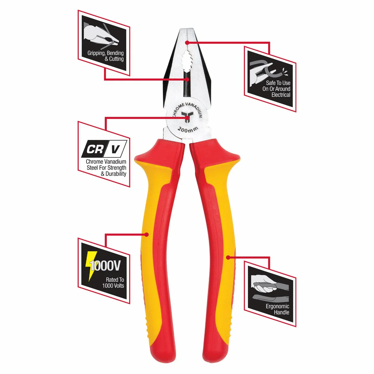 Trojan 200mm Vde Combination Plier - Ergonomic Anti-Slip Handles - CRV - Image 3