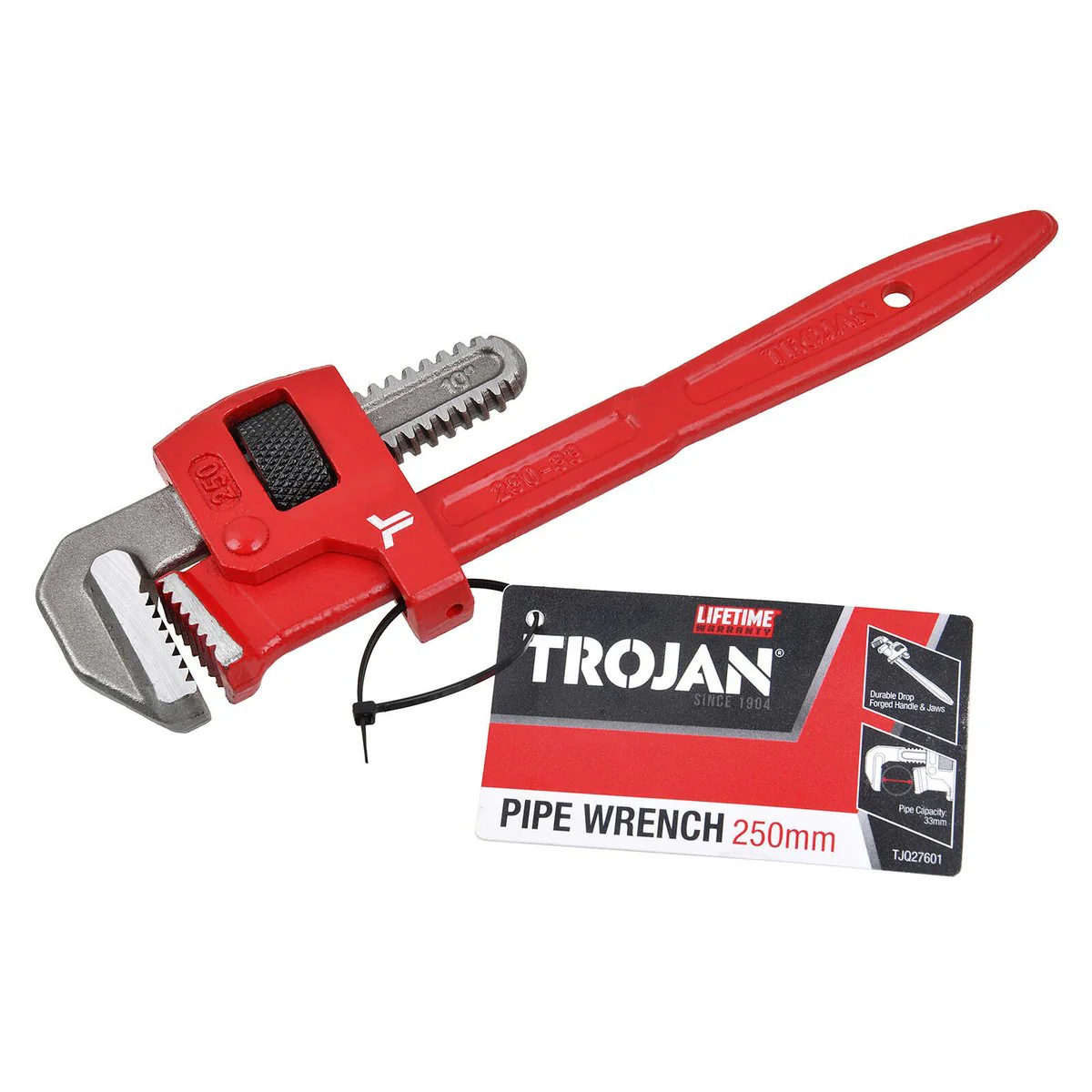 Trojan 250mm Pipe Wrench - Red and Silver - Durable Drop Forged Steel - Image 4