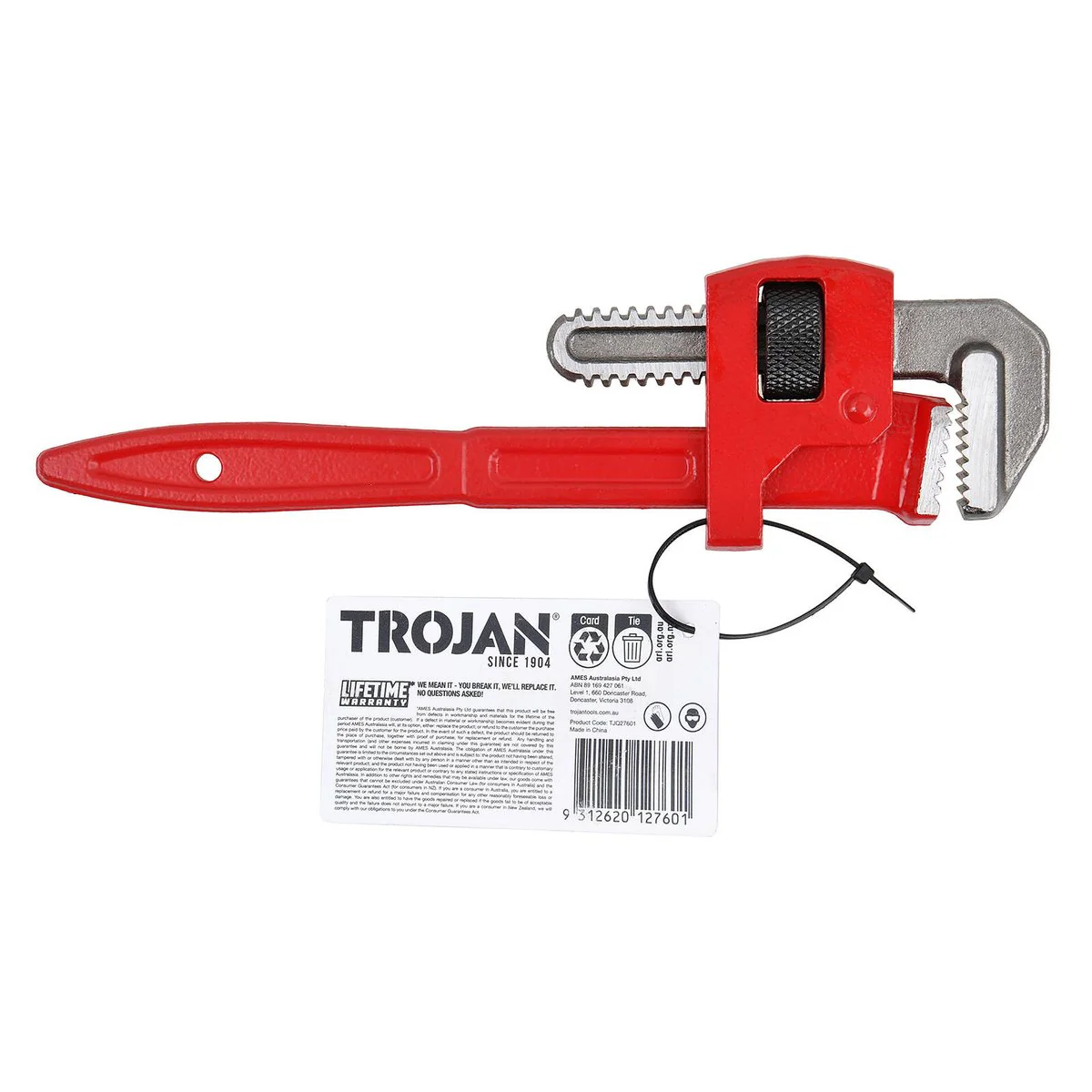 Trojan 250mm Pipe Wrench - Red and Silver - Durable Drop Forged Steel - Image 5