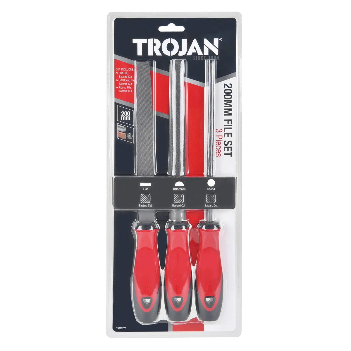 Trojan 3 Piece File Set - 200mm Flat, Half Round & Round Files - Durable Steel - Image 3