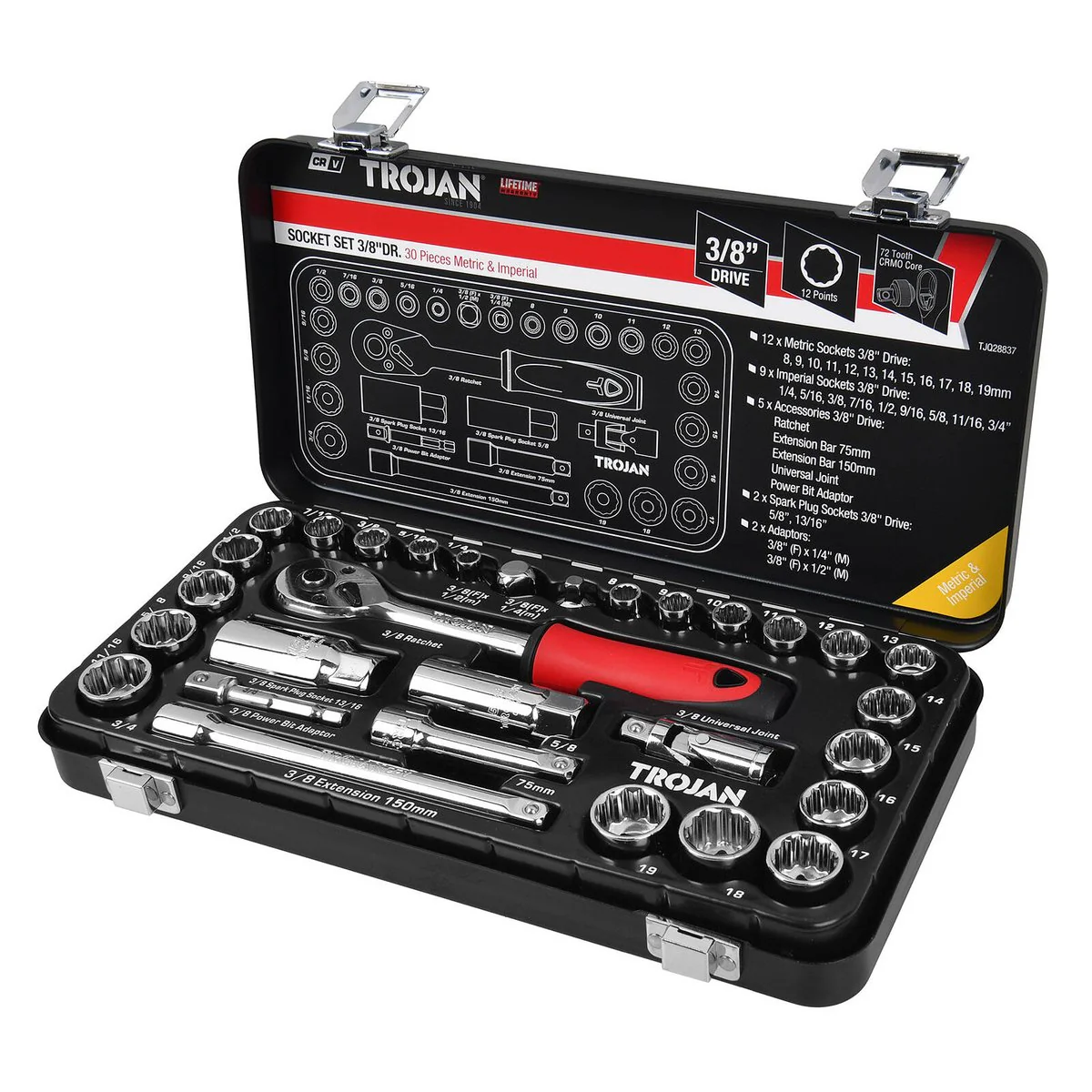 Trojan 30 Piece 3/8" Socket Tin Set - Metric & Imperial Sockets - Durable