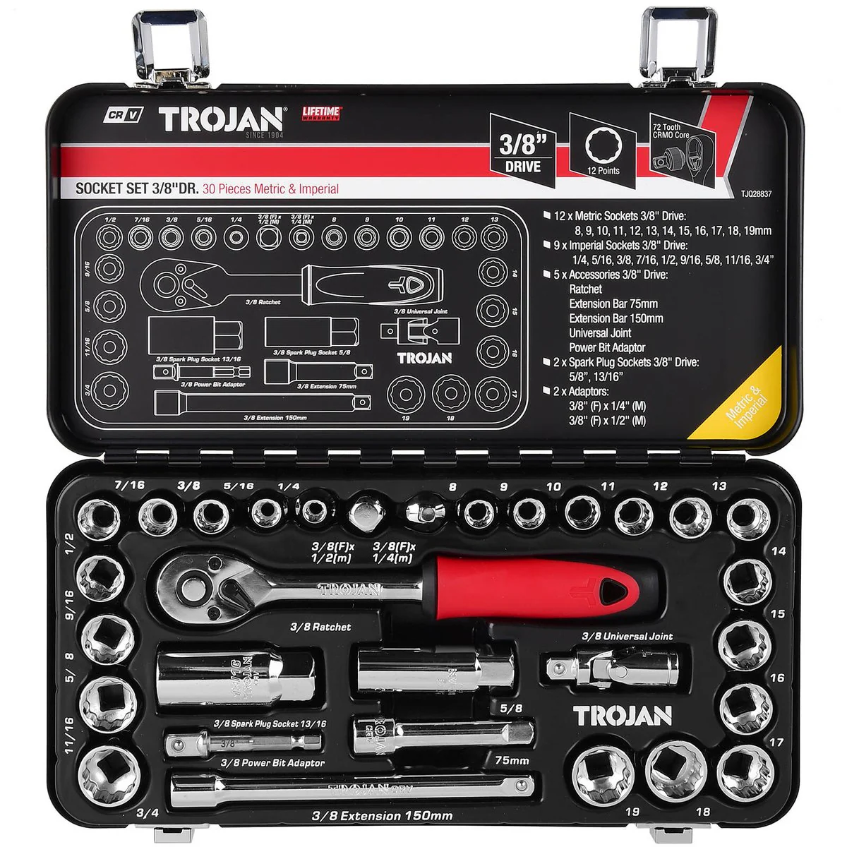 Trojan 30 Piece 3/8" Socket Tin Set - Metric & Imperial Sockets - Durable - Image 3