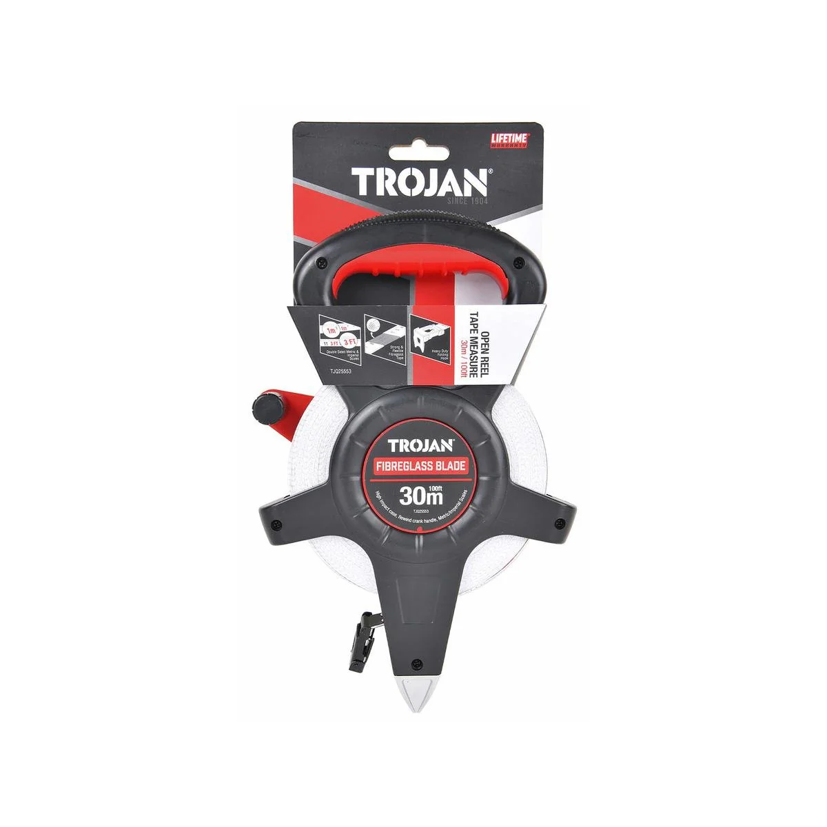 Trojan 30m Open Reel Tape Measure - Fibreglass - Durable & Portable