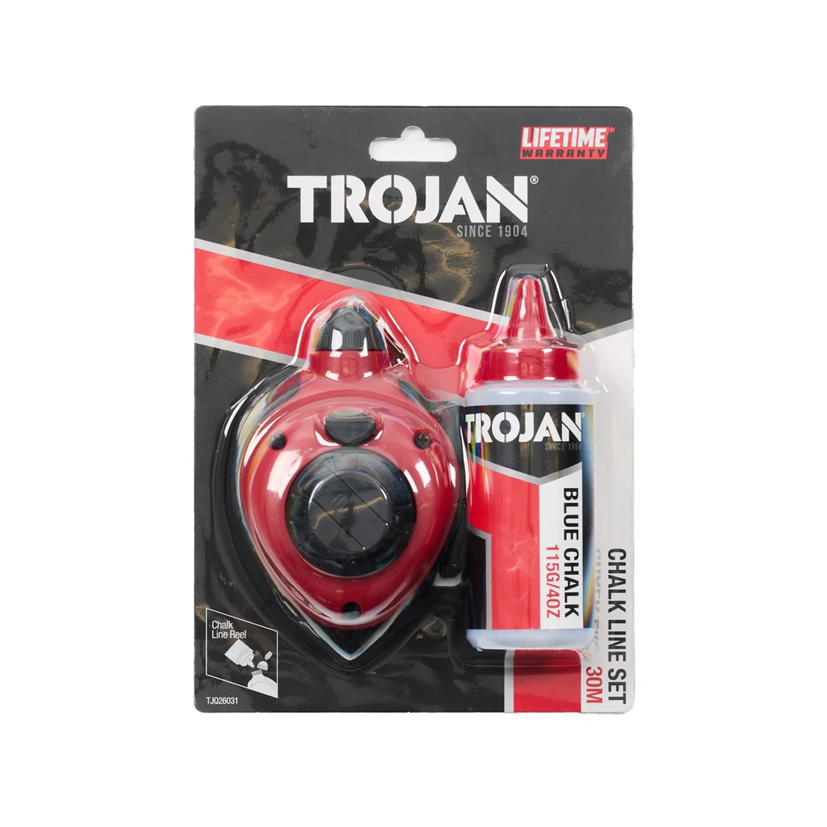Trojan Chalk Line Set - 30m Retractable Line - 115g Blue Chalk - Accurate Marking